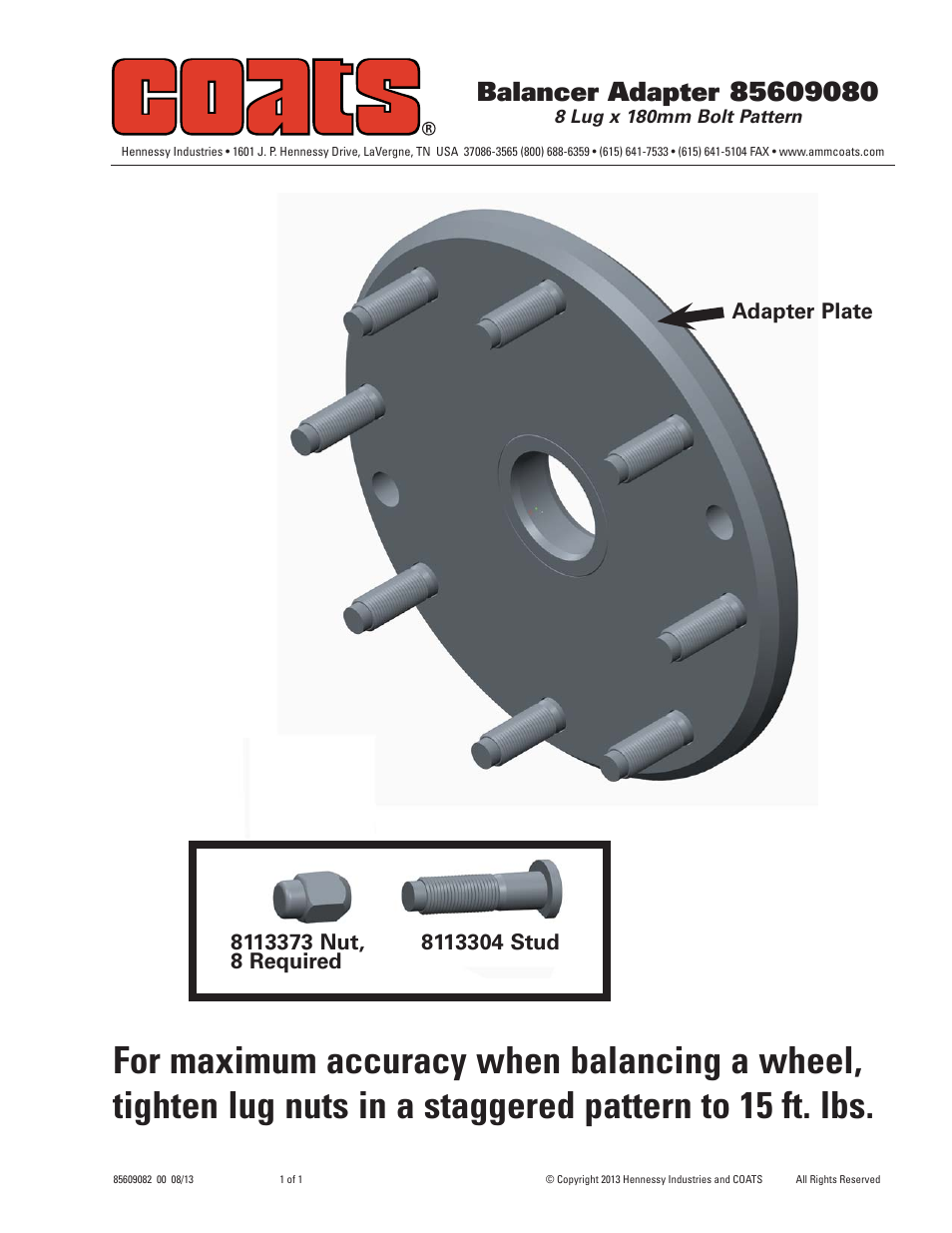 COATS Balancer Adapter, 8 lug x 180mm Bolt Pattern User Manual | 1 page