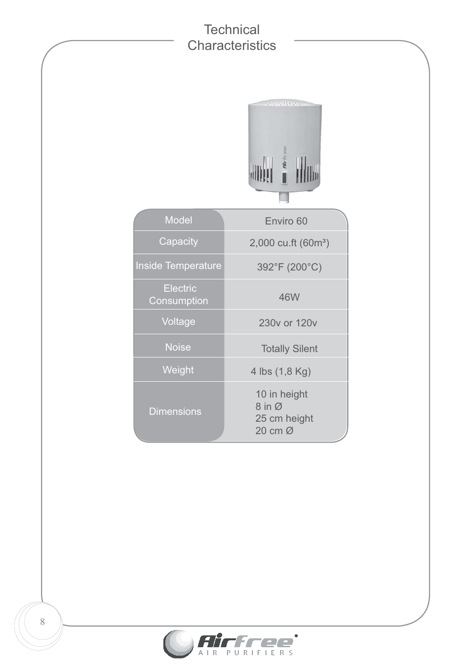 Technical characteristics | Airfree 60 User Manual | Page 10 / 24