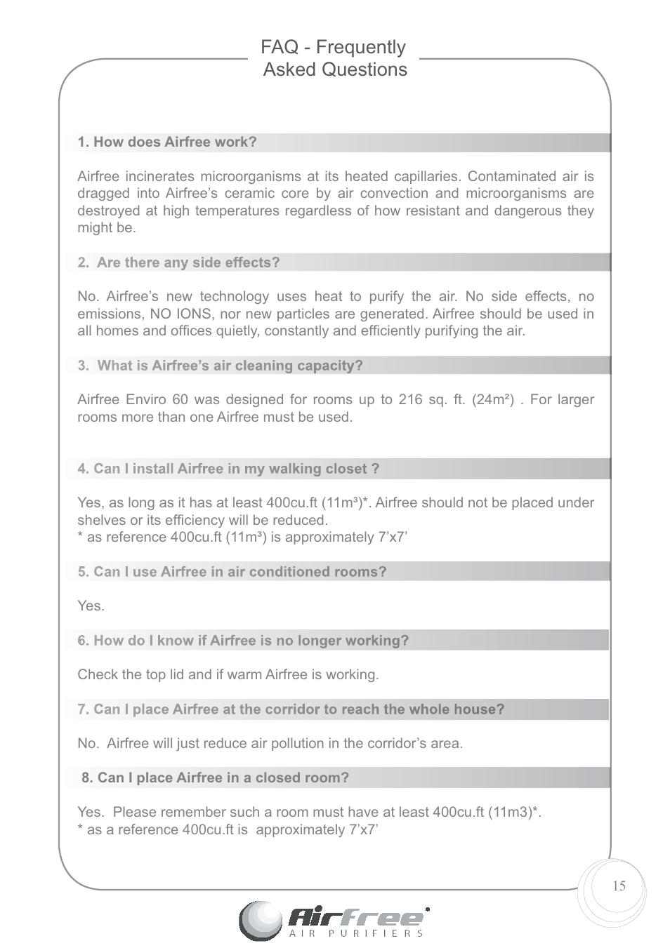 Faq - frequently asked questions | Airfree 60 User Manual | Page 17 / 24