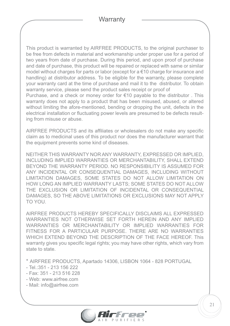 Warranty | Airfree 60 User Manual | Page 23 / 24