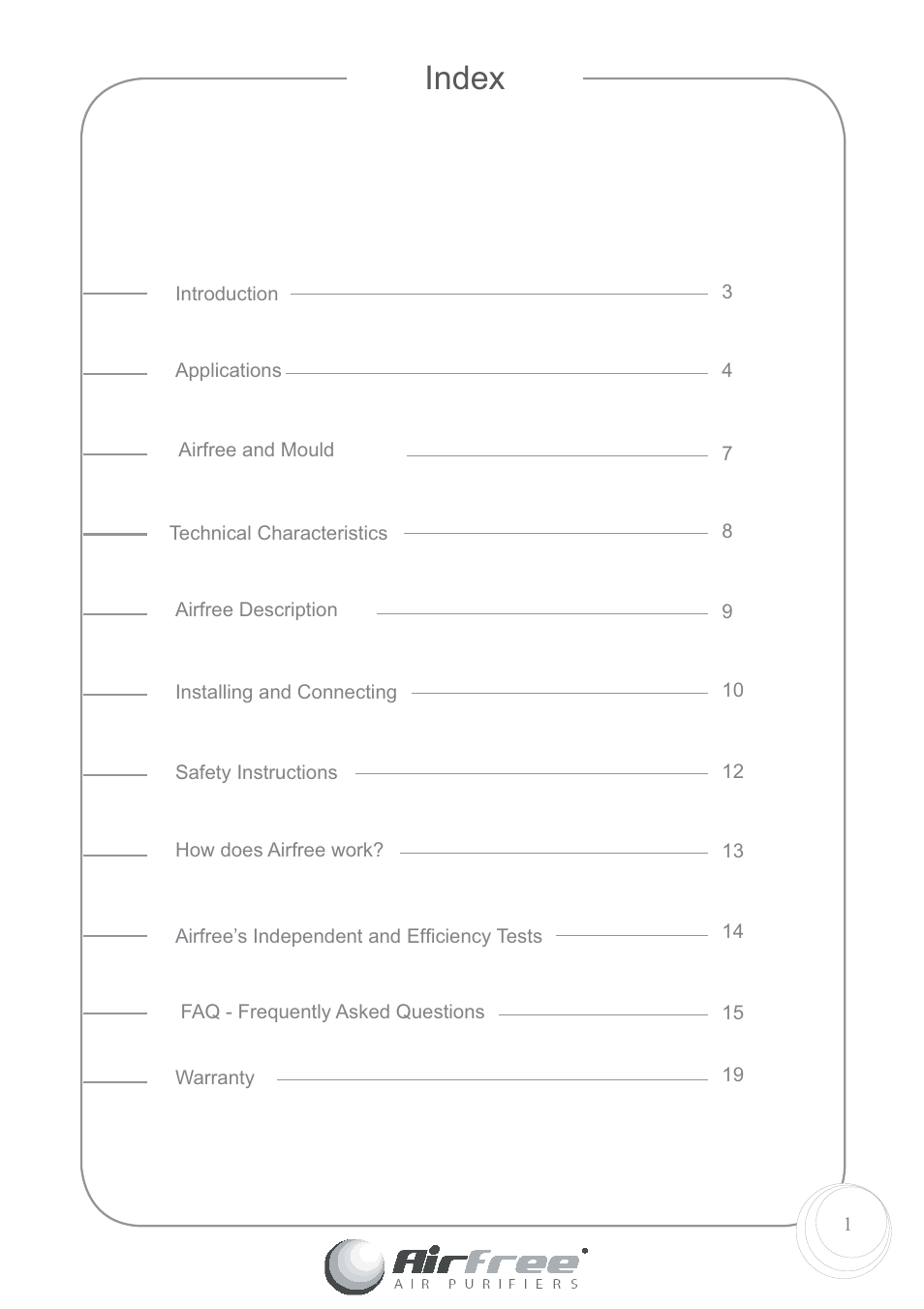 Index | Airfree 60 User Manual | Page 3 / 24