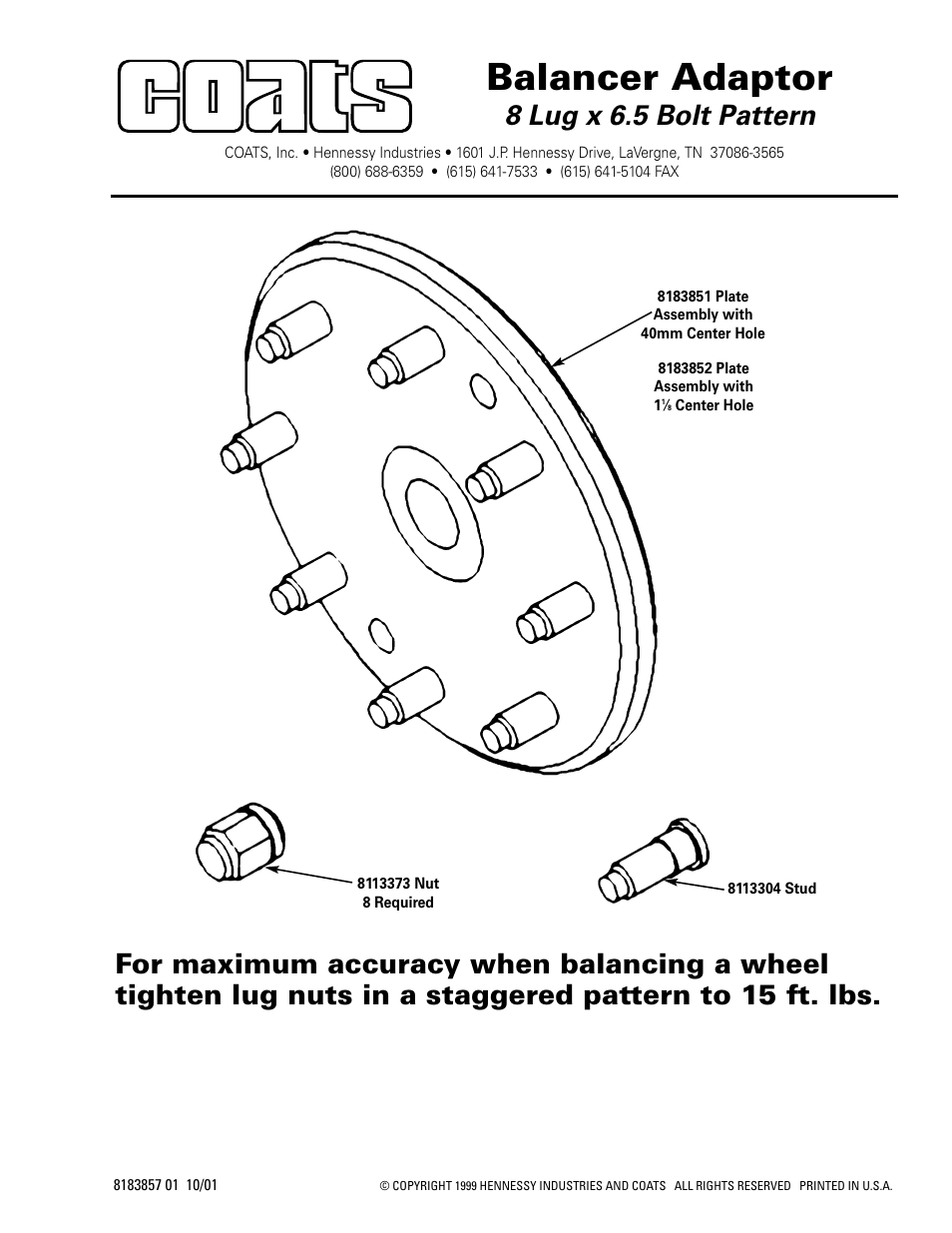 COATS Balancer Adapter, 8 lug x 6.5 Bolt Pattern User Manual | 1 page