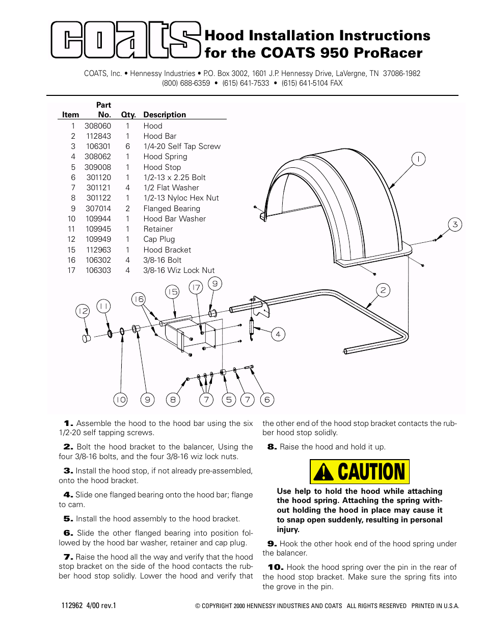 COATS Hood Installation User Manual | 1 page