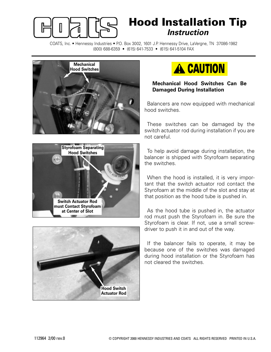 COATS Hood Installation Tip User Manual | 1 page