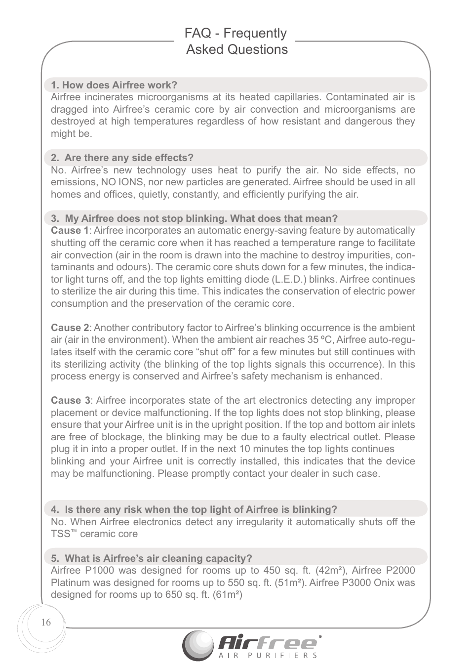 Faq - frequently asked questions | Airfree P1000 User Manual | Page 18 / 24