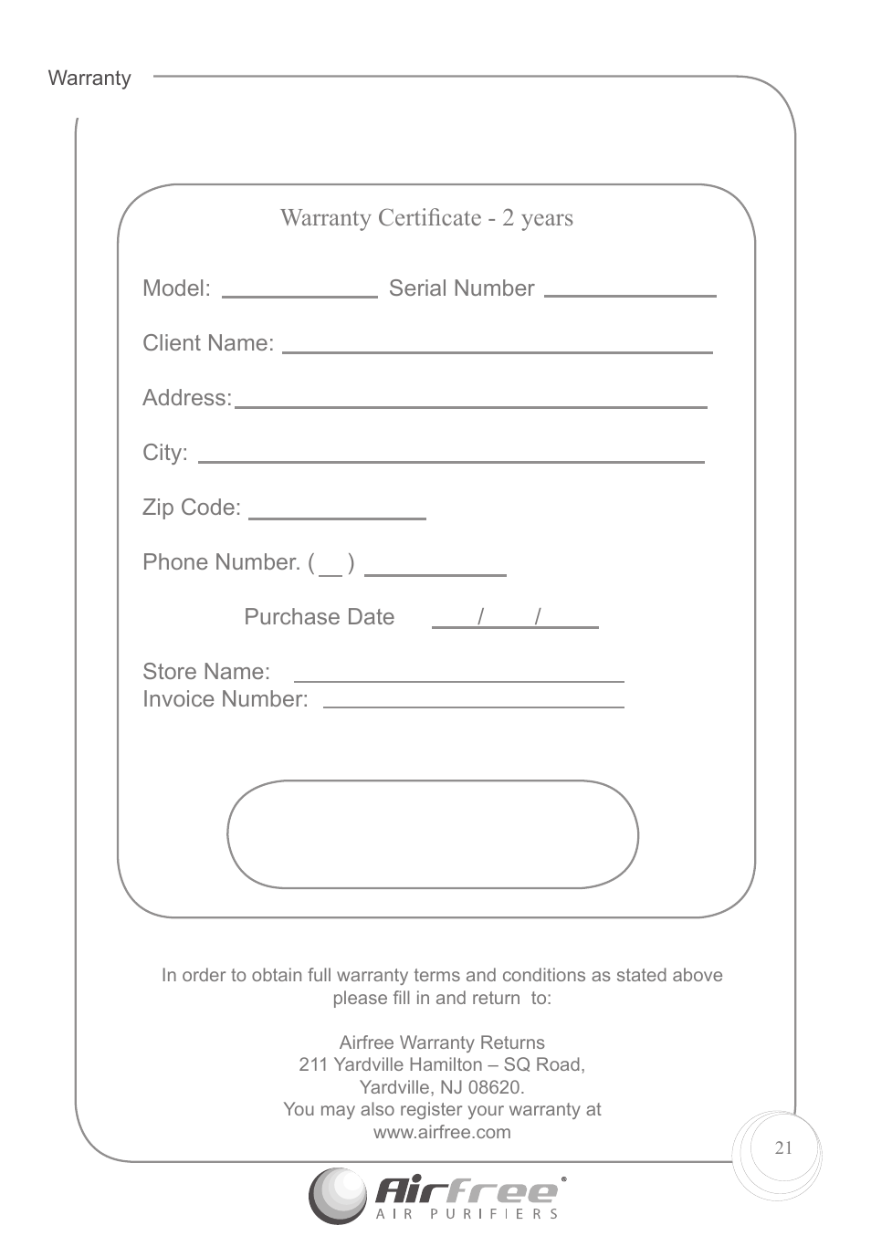 Warranty certiﬁcate - 2 years | Airfree P1000 User Manual | Page 23 / 24