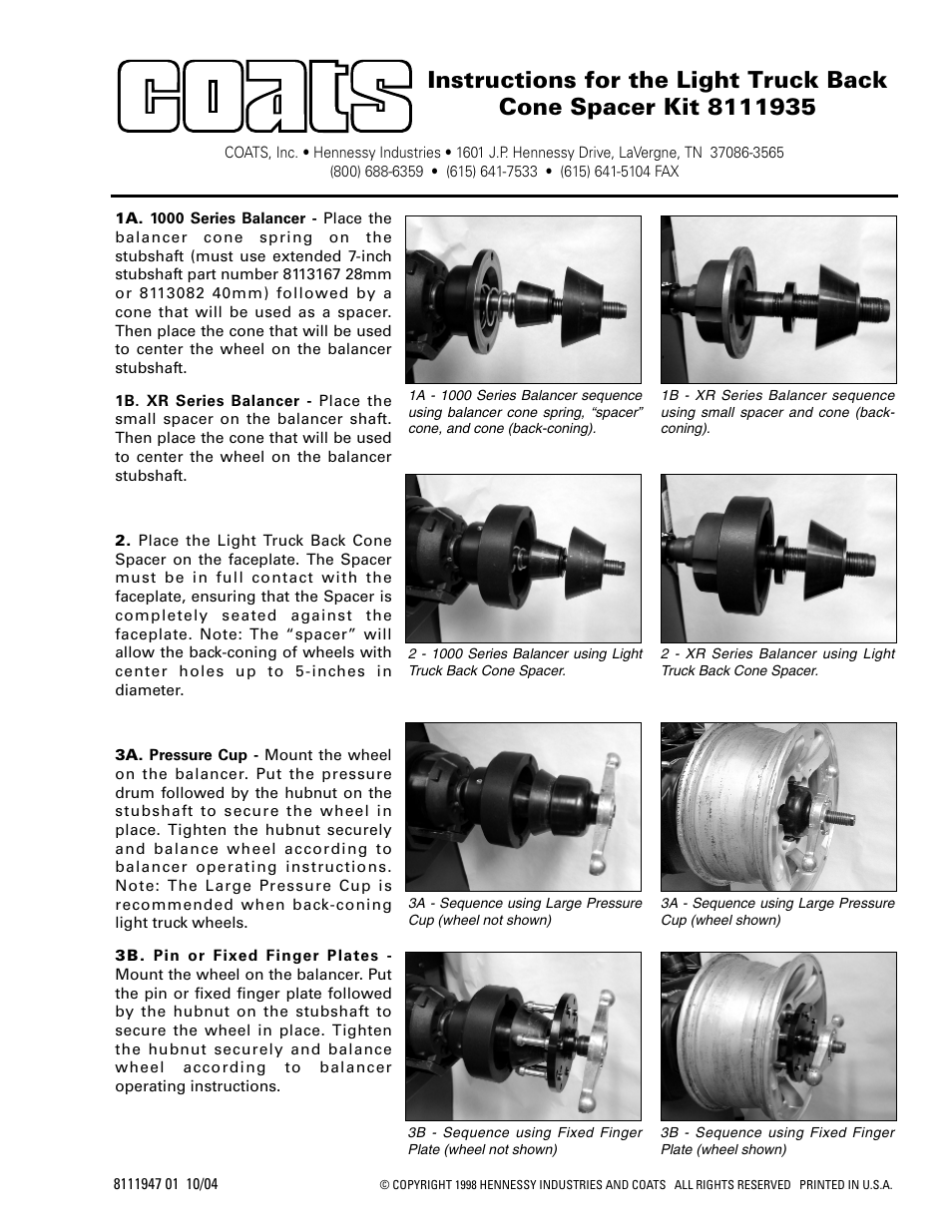 COATS Kit 8111935 Light Truck Back Cone Spacer User Manual | 1 page