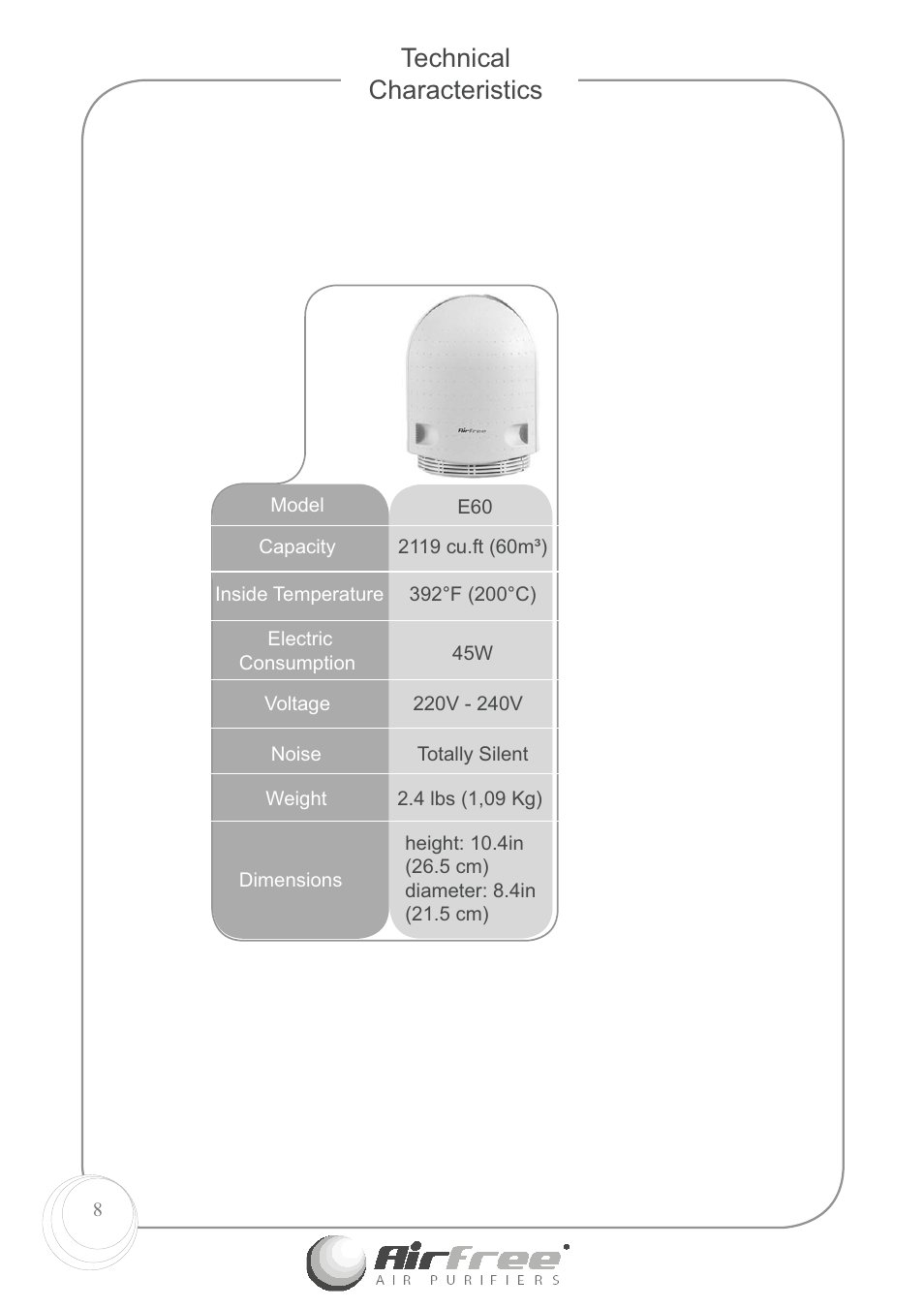 Technical characteristics | Airfree E60 User Manual | Page 10 / 24