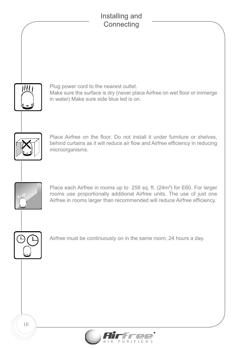 Installing and connecting | Airfree E60 User Manual | Page 12 / 24