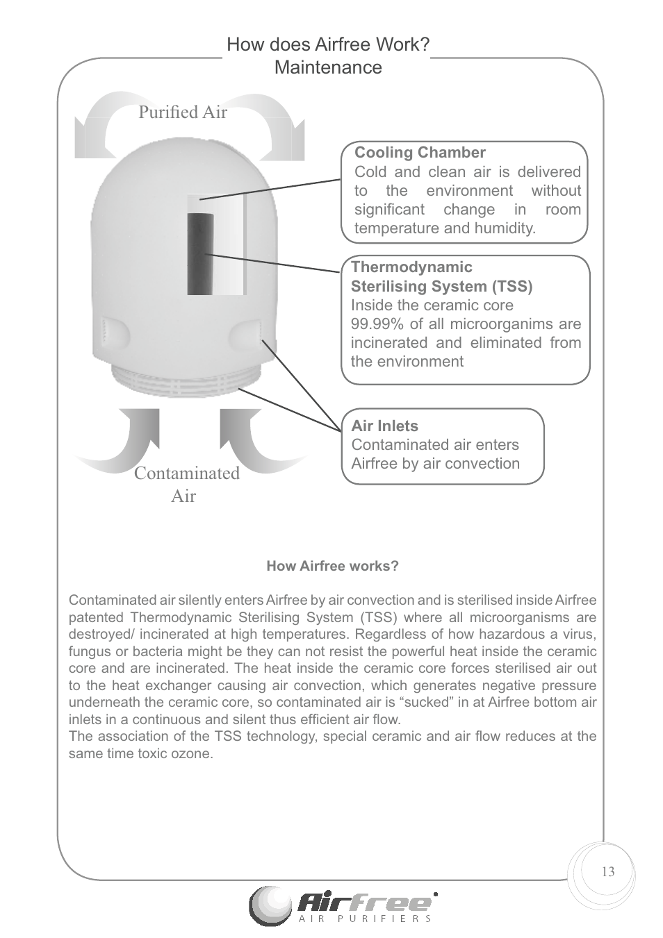 How does airfree work? maintenance, Puriﬁ ed air contaminated air | Airfree E60 User Manual | Page 15 / 24