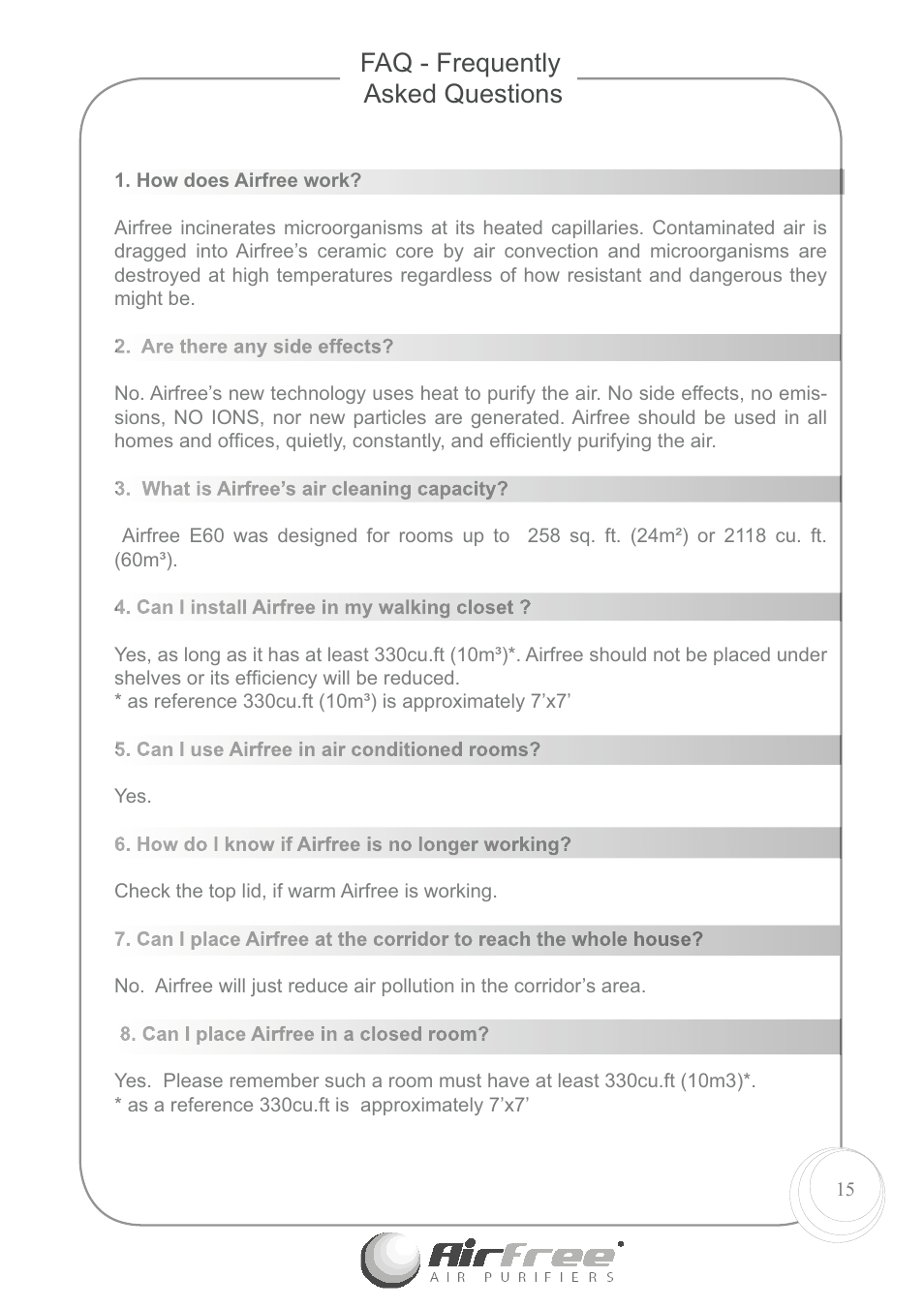 Faq - frequently asked questions | Airfree E60 User Manual | Page 17 / 24