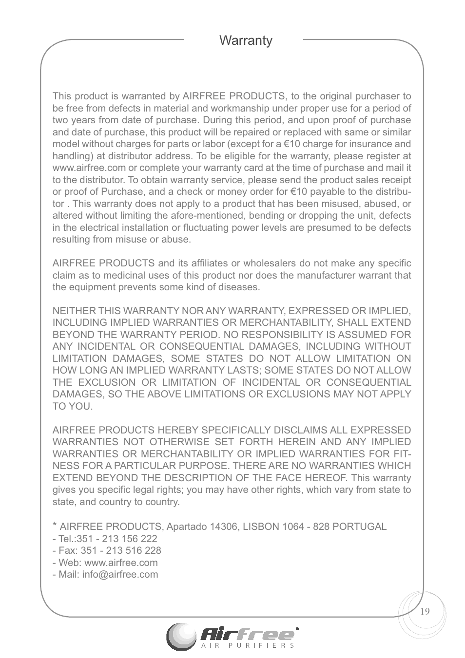 Warranty | Airfree E60 User Manual | Page 21 / 24