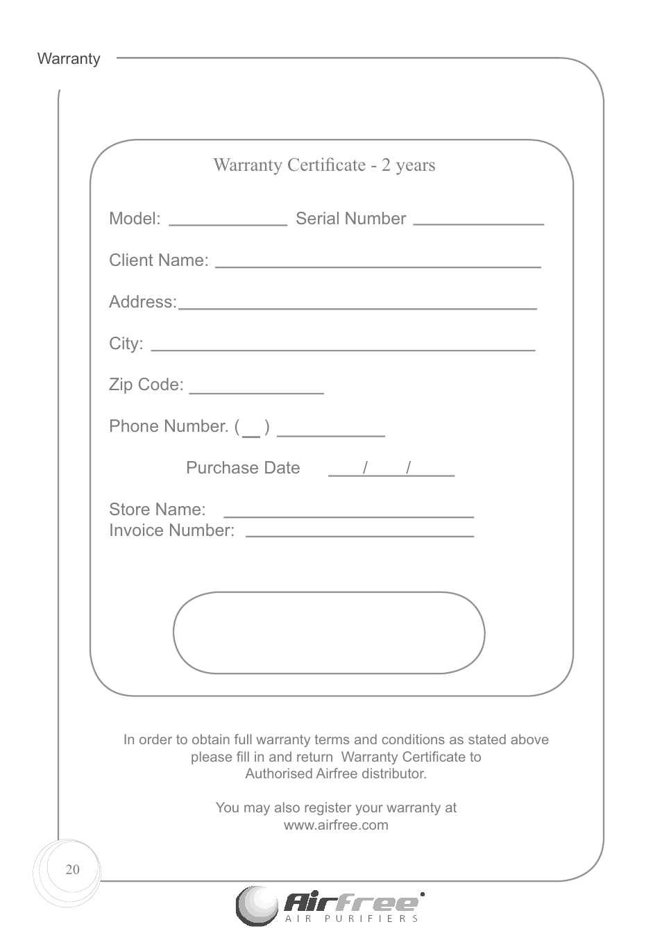 Warranty certiﬁ cate - 2 years | Airfree E60 User Manual | Page 22 / 24