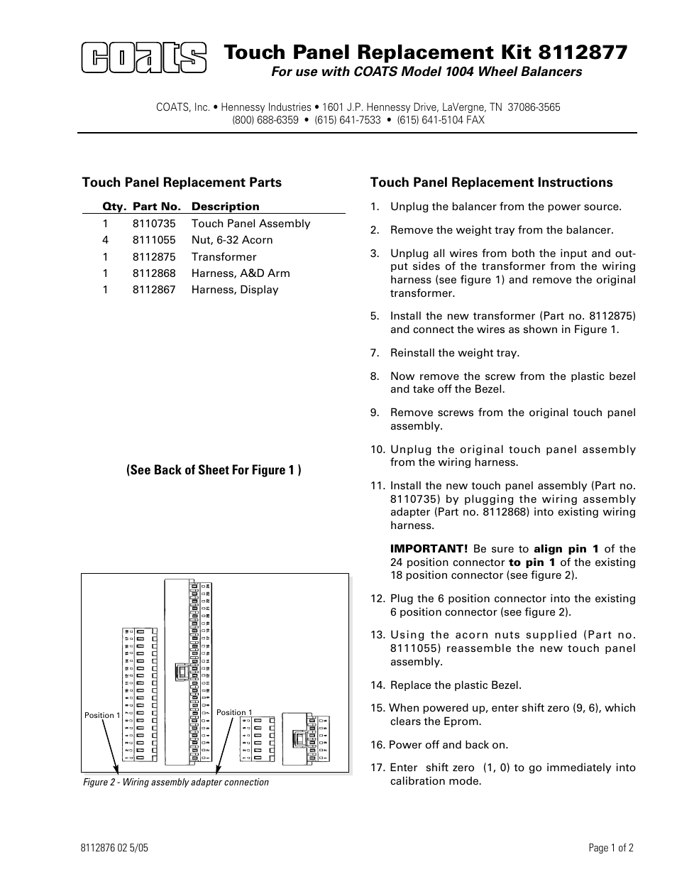 COATS Kit 8112877 Touch Panel Replacement User Manual | 2 pages