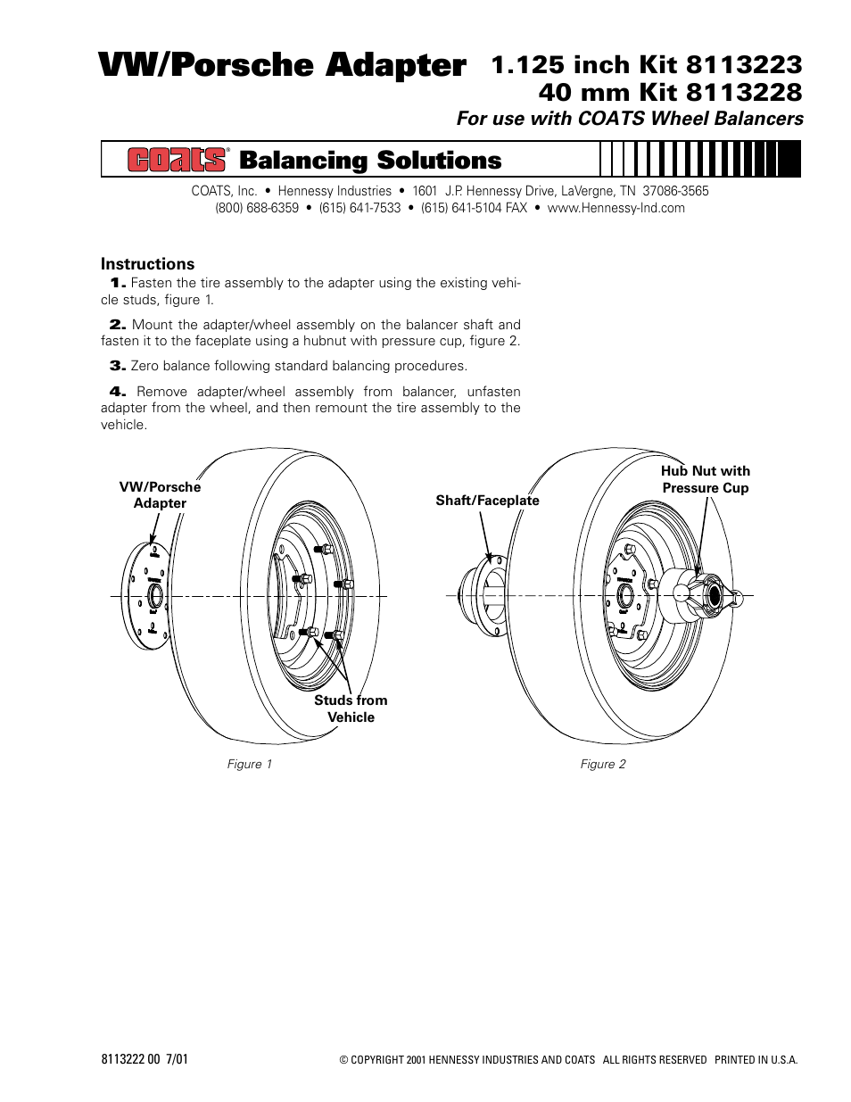 COATS Kit 8113223 (1.125-inch), Kit 8113228 (40 mm), VW/Porsche Adapter User Manual | 1 page