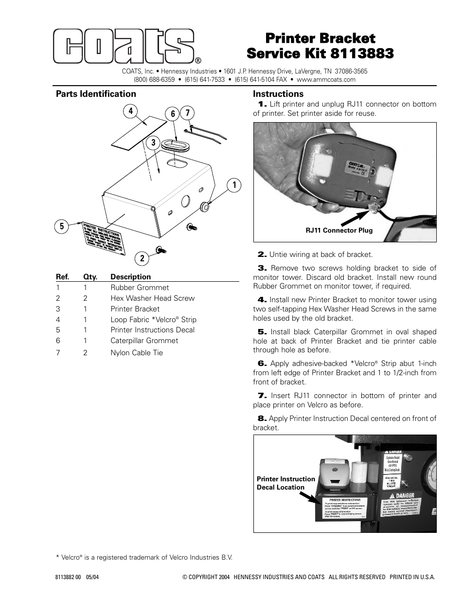 COATS Kit 8113883 Printer Bracket Serive User Manual | 1 page