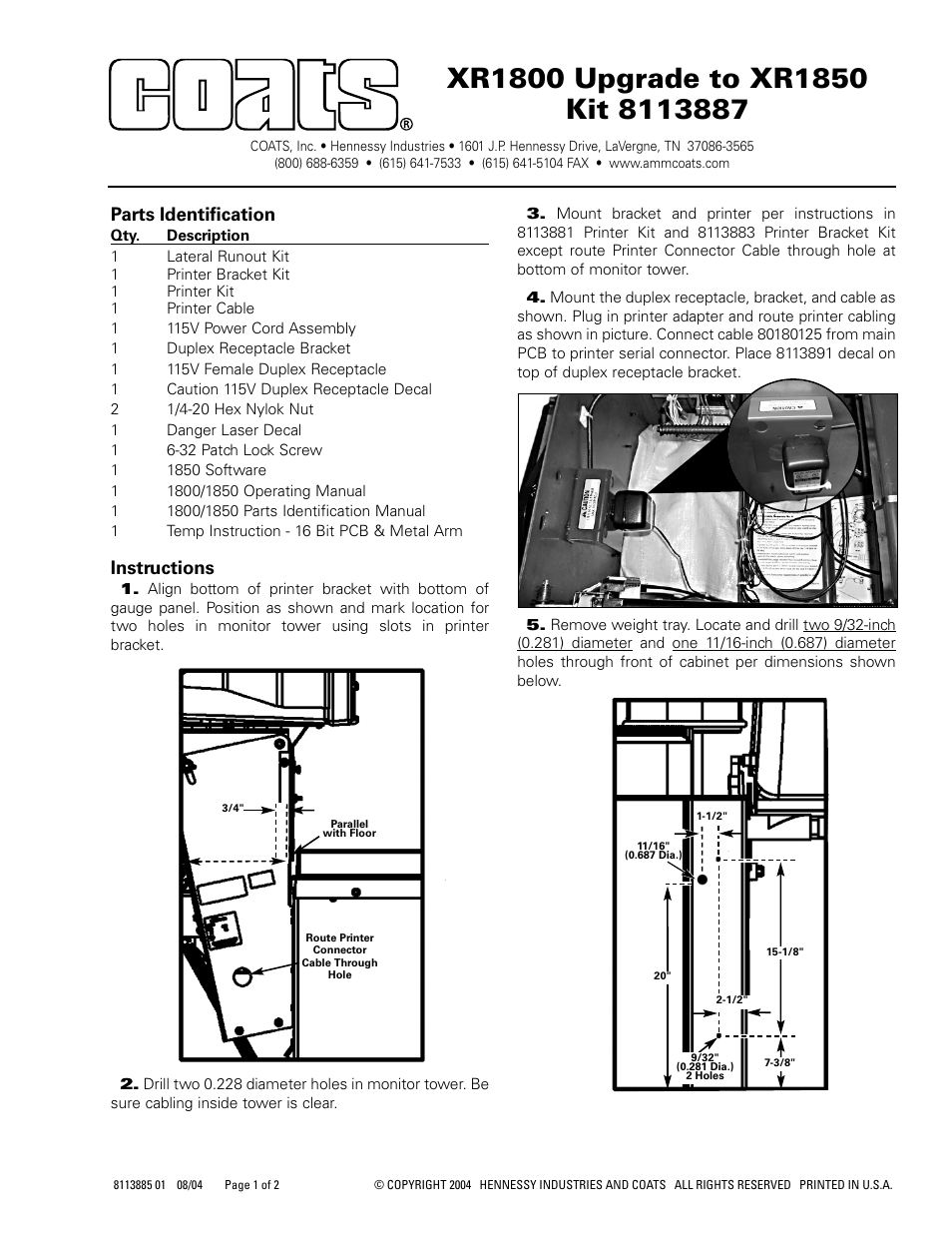 COATS Kit 8113887 XR 1800 Upgrade to XR 1850 User Manual | 2 pages