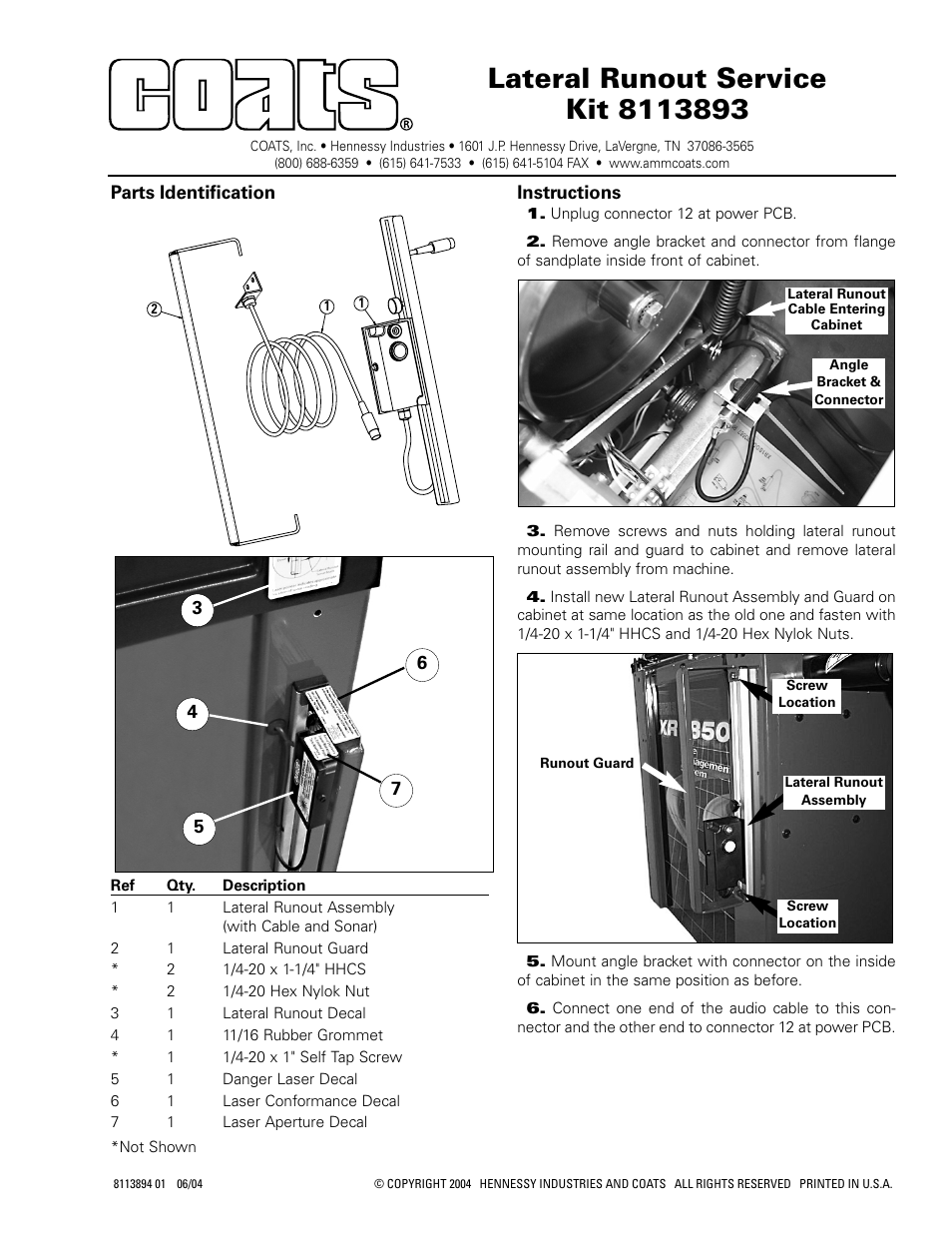 COATS Kit 8113893 Lateral Run Out Service User Manual | 1 page