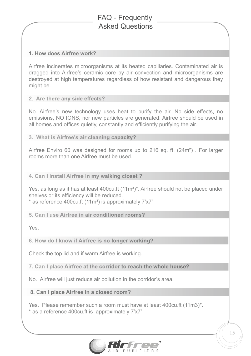 Faq - frequently asked questions | Airfree Air Purifiers Enviro 60 User Manual | Page 17 / 24