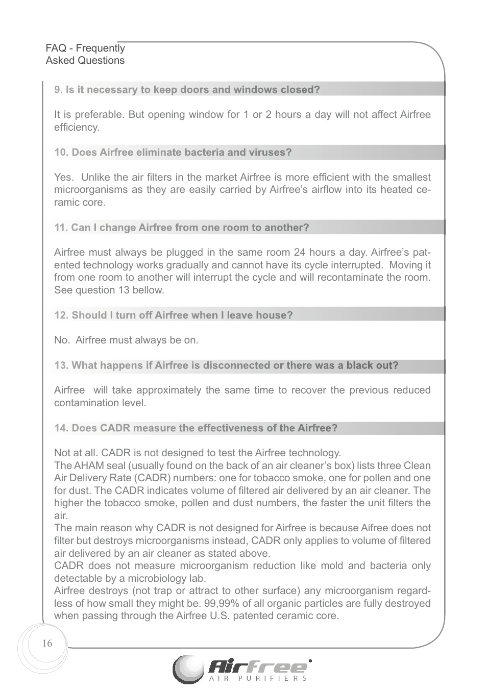 Airfree Air Purifiers Enviro 60 User Manual | Page 18 / 24