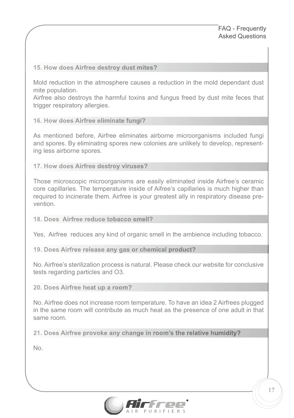 Airfree Air Purifiers Enviro 60 User Manual | Page 19 / 24