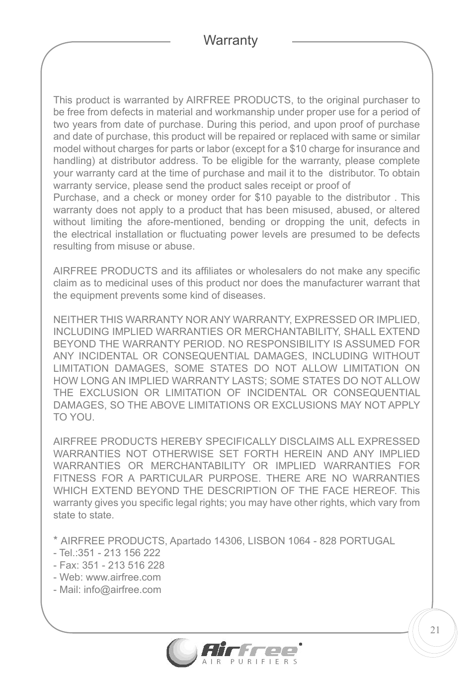 Warranty | Airfree Air Purifiers Enviro 60 User Manual | Page 23 / 24