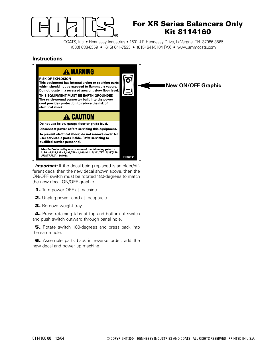 COATS Kit 8114160 Warning Decal for XR Series Balancers User Manual | 1 page