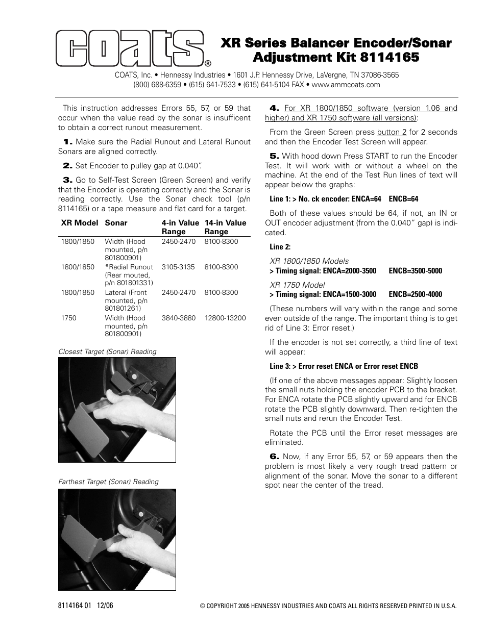 COATS Kit 8114165 Encoder/Sonar Adjustment User Manual | 1 page