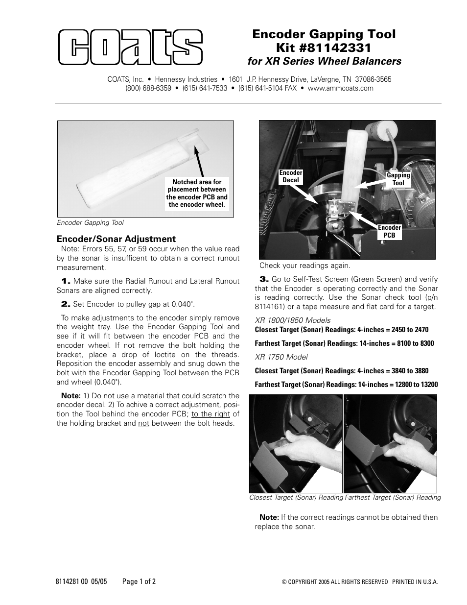 COATS Kit 8142331 Encoder Gapping Tool User Manual | 2 pages