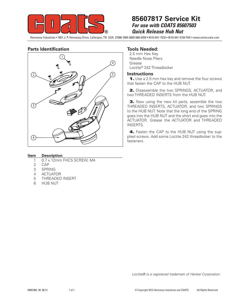COATS Kit 85607817 Service Kit User Manual | 1 page