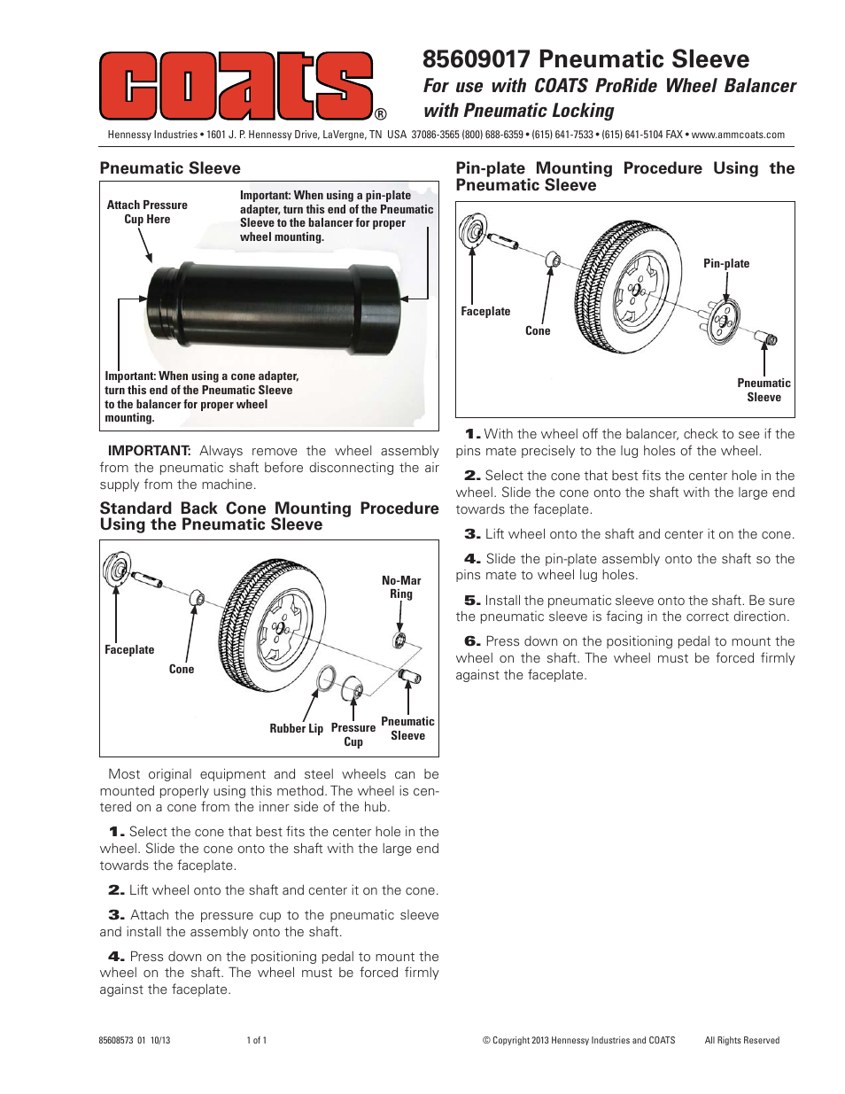 COATS Kit 85609017 Pneumatic Sleeve User Manual | 1 page