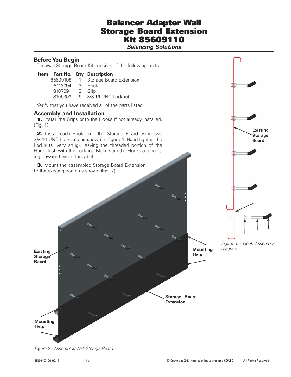 COATS Kit 85609110 Balancer Adapter Wall Storage Board Extension User Manual | 1 page