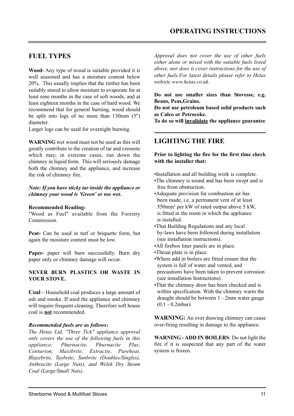 Fuel types, Lighting the fire, Operating instructions | Aarrow Fires Sherborne Wood & Multifuel Stoves User Manual | Page 11 / 32