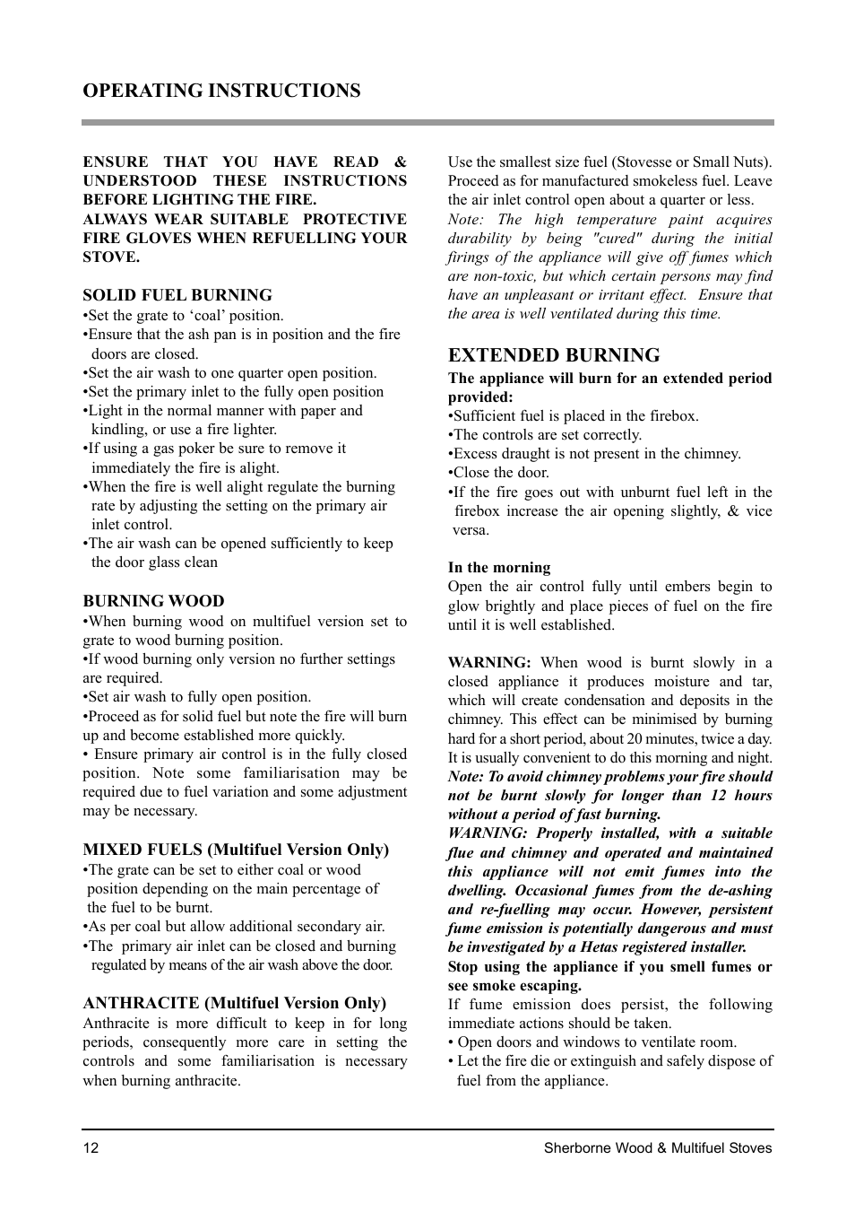 Extended burning, Operating instructions | Aarrow Fires Sherborne Wood & Multifuel Stoves User Manual | Page 12 / 32