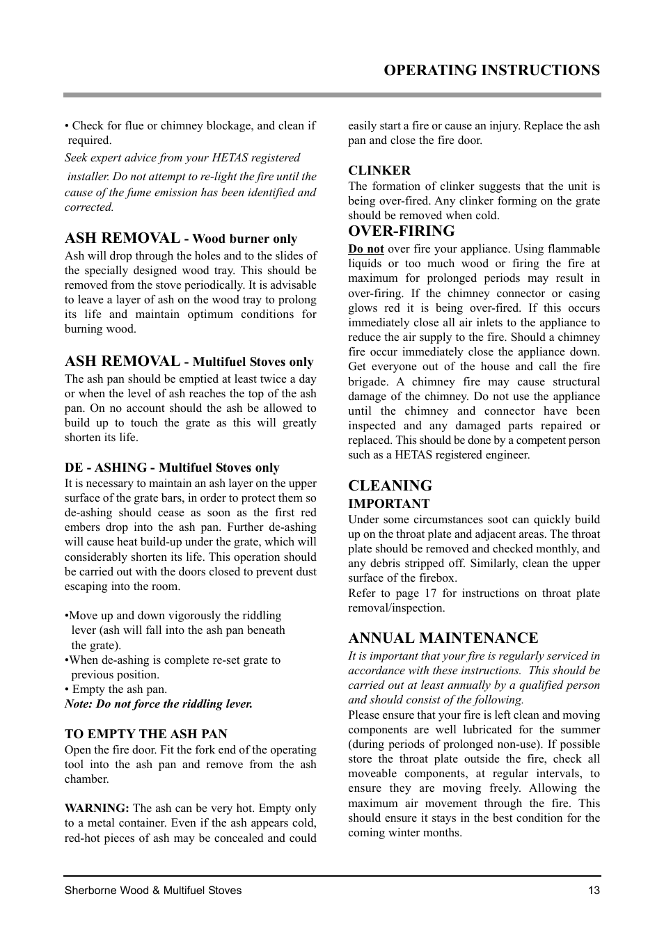 Ash removal, Over-firing, Cleaning | Annual maintenance, Operating instructions | Aarrow Fires Sherborne Wood & Multifuel Stoves User Manual | Page 13 / 32