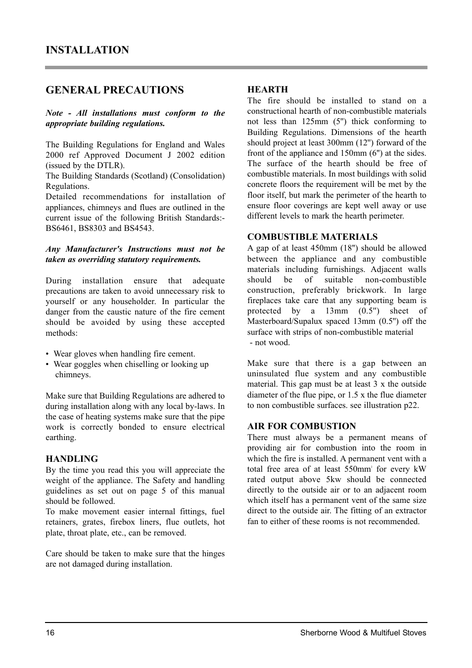 Installation general precautions | Aarrow Fires Sherborne Wood & Multifuel Stoves User Manual | Page 16 / 32