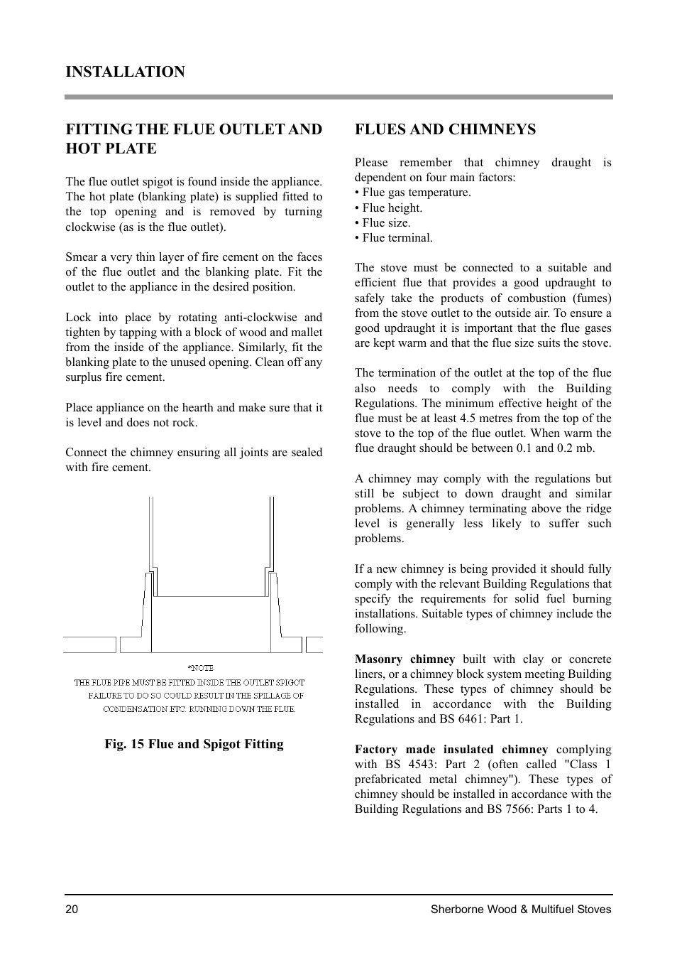Installation fitting the flue outlet and hot plate, Flues and chimneys | Aarrow Fires Sherborne Wood & Multifuel Stoves User Manual | Page 20 / 32