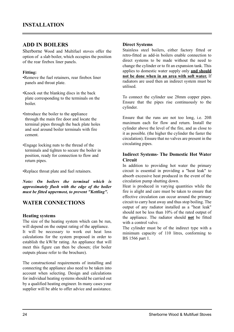 Installation add in boilers, Water connections | Aarrow Fires Sherborne Wood & Multifuel Stoves User Manual | Page 24 / 32
