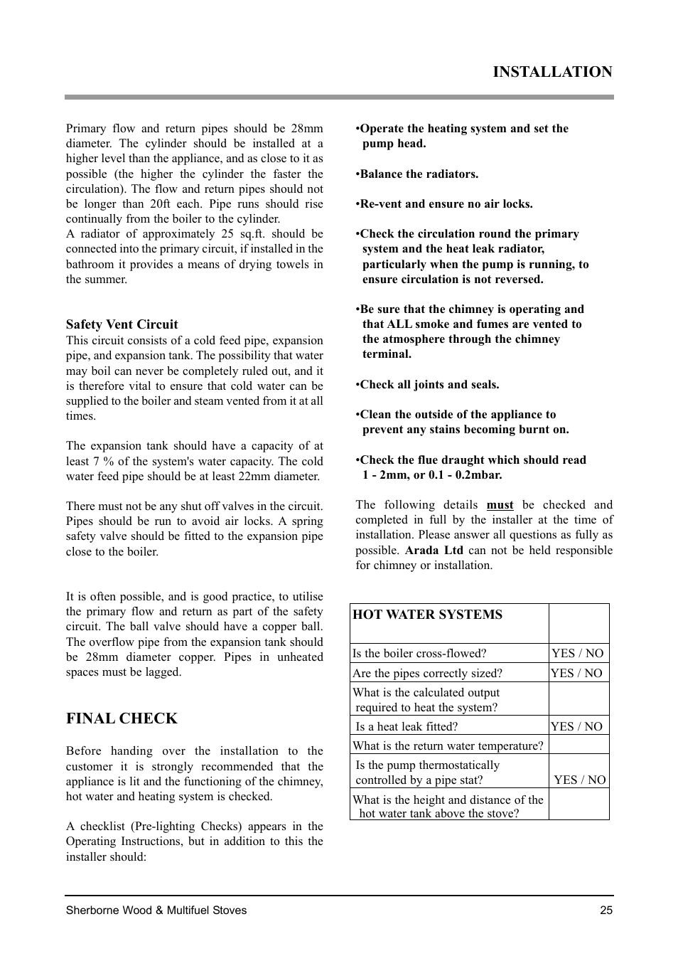 Installation, Final check | Aarrow Fires Sherborne Wood & Multifuel Stoves User Manual | Page 25 / 32