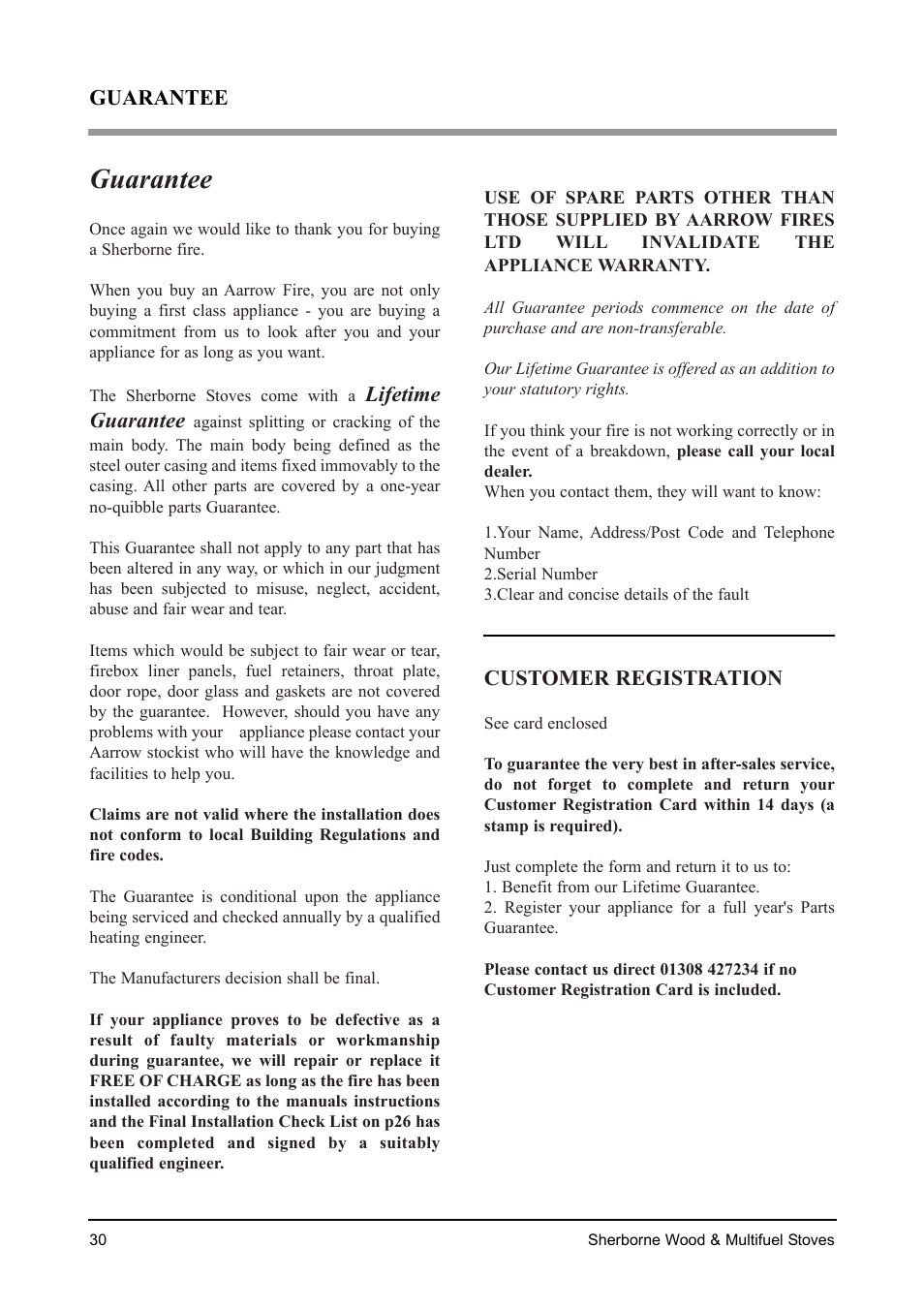 Guarantee, Lifetime guarantee, Customer registration | Aarrow Fires Sherborne Wood & Multifuel Stoves User Manual | Page 30 / 32