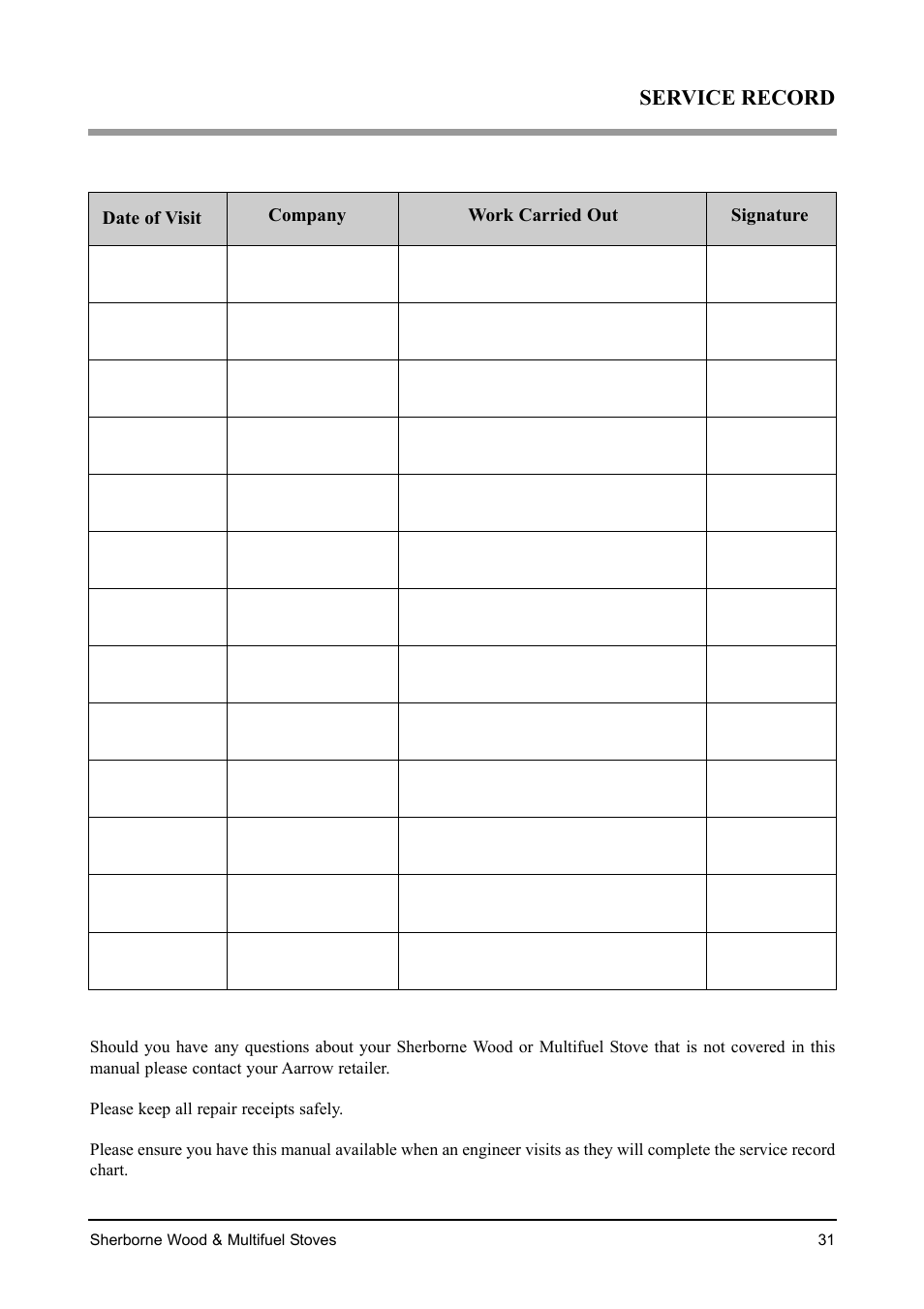 Service record | Aarrow Fires Sherborne Wood & Multifuel Stoves User Manual | Page 31 / 32