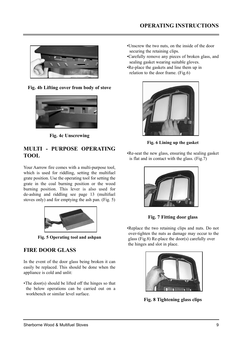 Multi - purpose operating tool, Fire door glass, Operating instructions | Aarrow Fires Sherborne Wood & Multifuel Stoves User Manual | Page 9 / 32