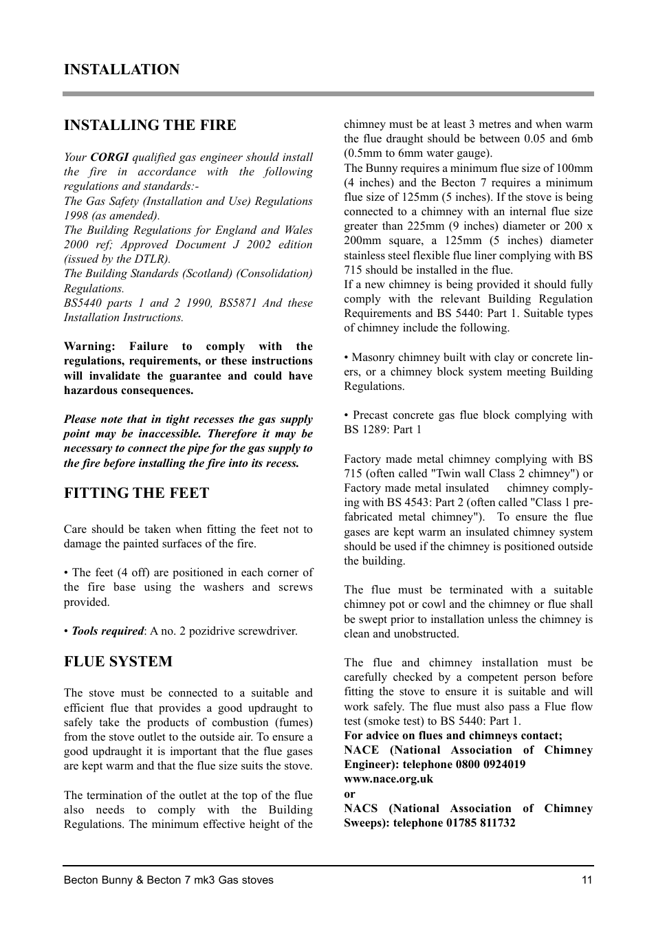 Installing the fire, Fitting the feet, Flue system | Installation | Aarrow Fires Becton 7 mk3 User Manual | Page 11 / 32
