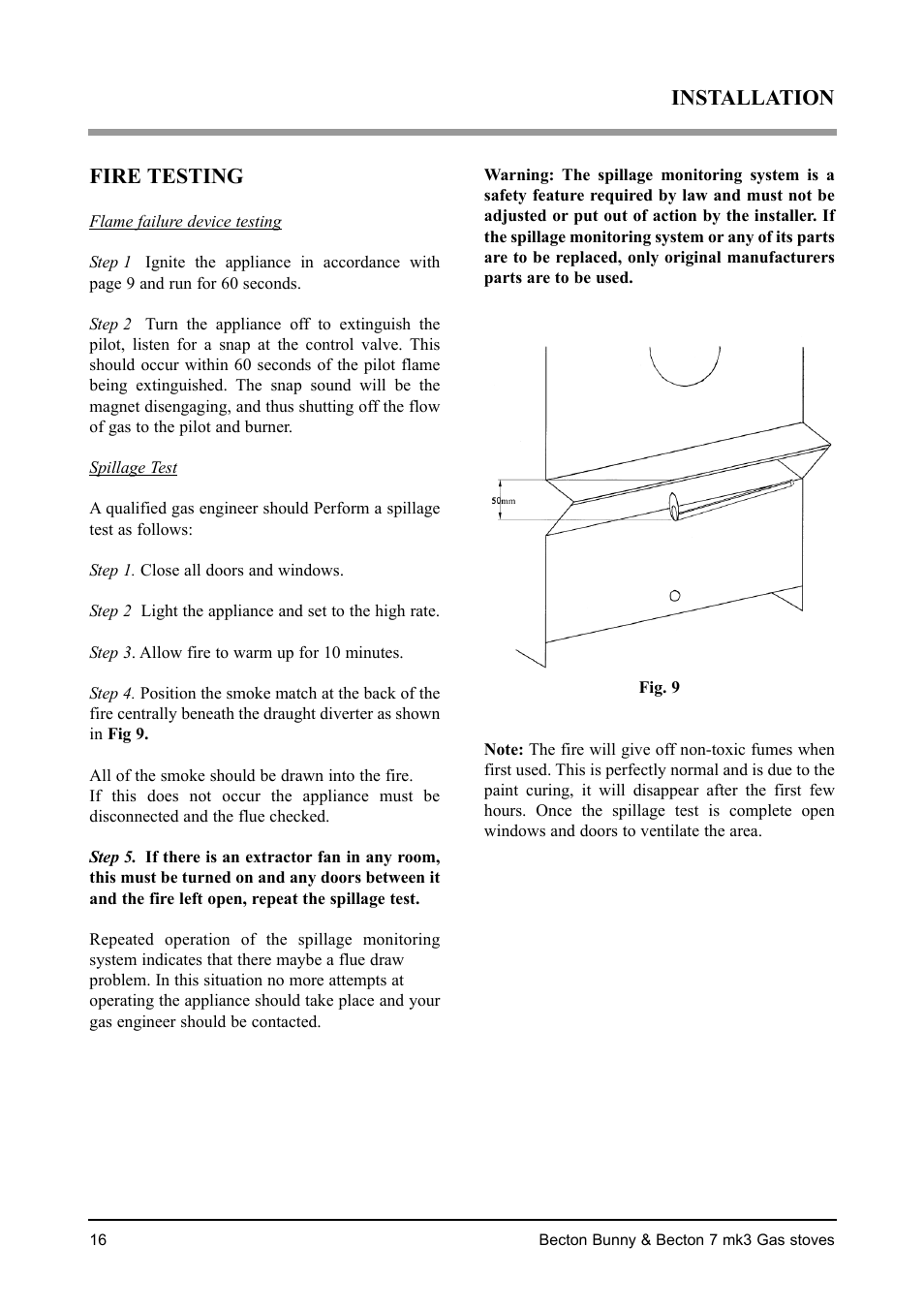 Fire testing, Installation | Aarrow Fires Becton 7 mk3 User Manual | Page 16 / 32