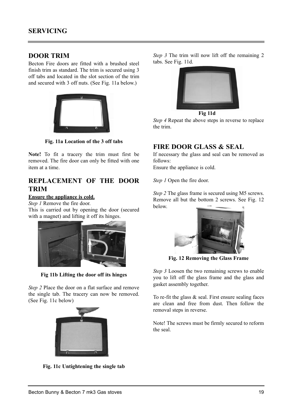 Servicing door trim, Replacement of the door trim, Fire door glass & seal | Aarrow Fires Becton 7 mk3 User Manual | Page 19 / 32