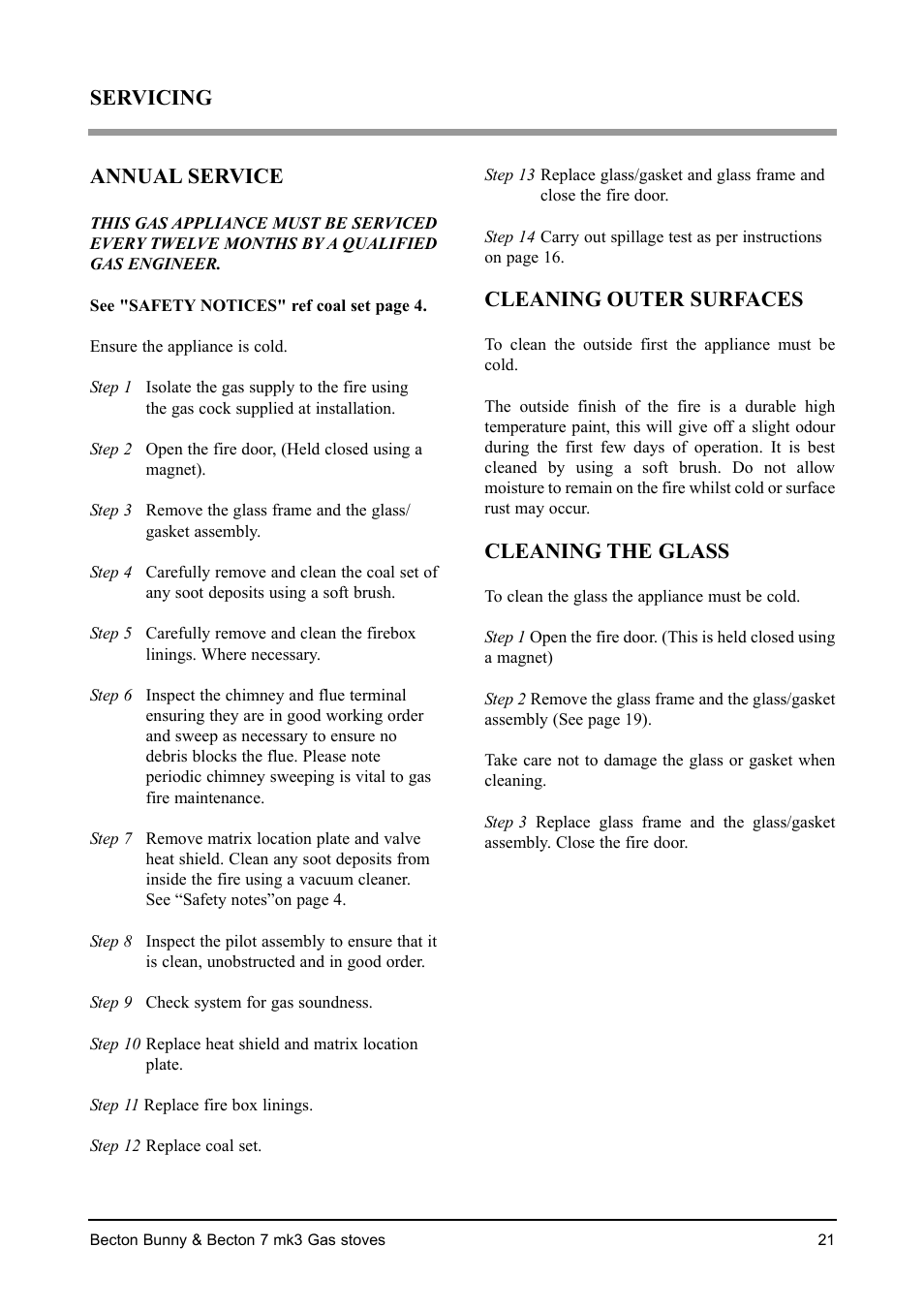 Annual service, Cleaning outer surfaces, Cleaning the glass | Servicing | Aarrow Fires Becton 7 mk3 User Manual | Page 21 / 32