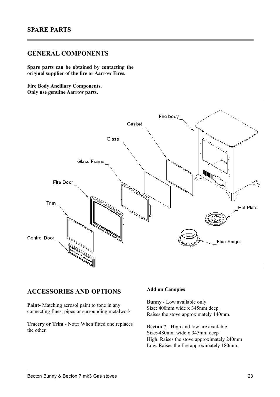 General components, Accessories and options, Spare parts | Aarrow Fires Becton 7 mk3 User Manual | Page 23 / 32