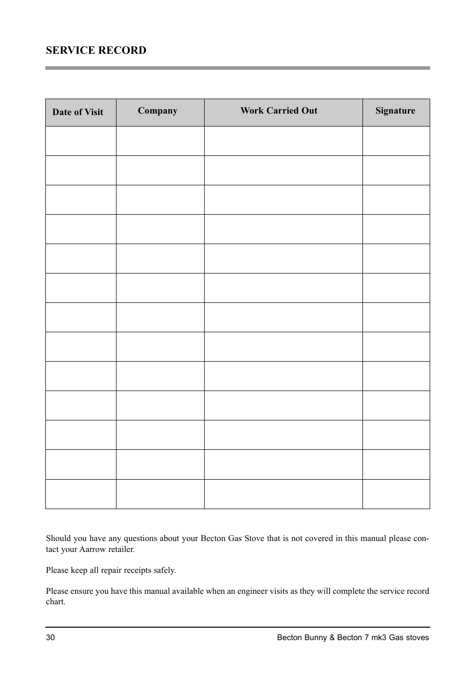 Service record | Aarrow Fires Becton 7 mk3 User Manual | Page 30 / 32