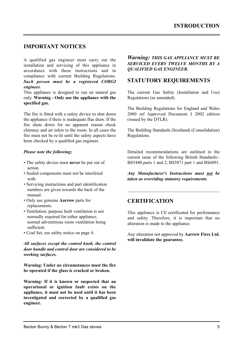 Important notices, Warning, Statutory requirements | Certification, Introduction | Aarrow Fires Becton 7 mk3 User Manual | Page 5 / 32