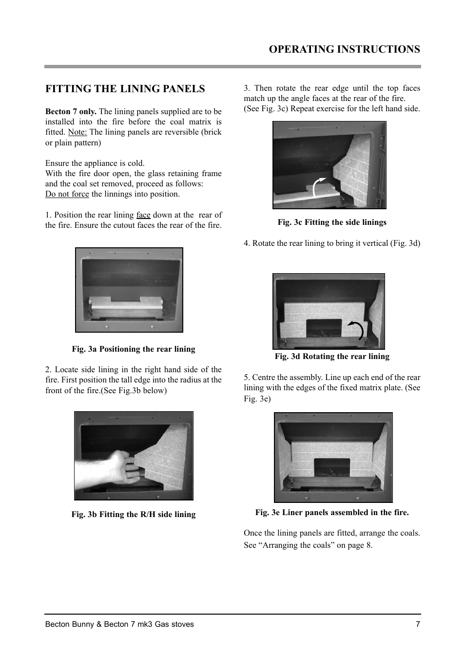 Fitting the lining panels, Operating instructions | Aarrow Fires Becton 7 mk3 User Manual | Page 7 / 32